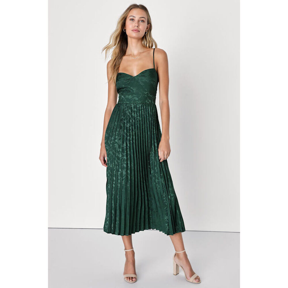 Lulus Regal Romance Emerald Floral Jacquard Pleated Satin Midi Dress Green